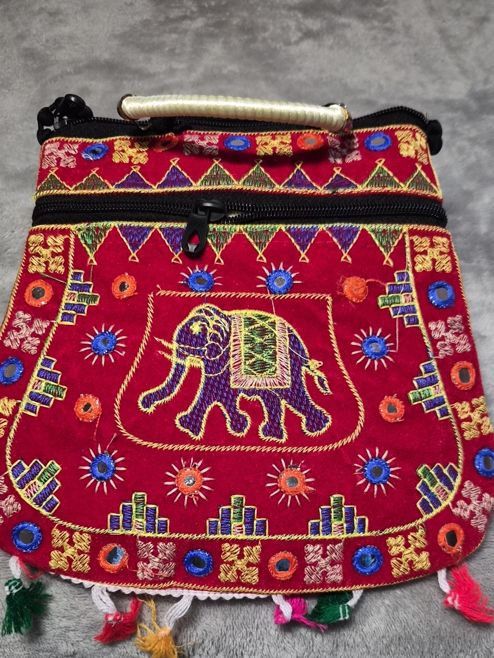 Hand-Embroidered Red Elephant Tote Bag - Ethnic Boho Style
